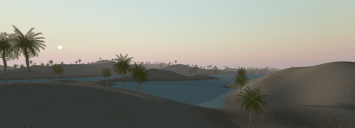 3D picture of sandscape with scattered palm trees and sunset